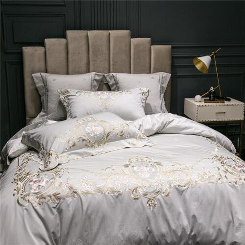 Luxury Grey 100S Egyptian cotton Embroidered Bedding sets Queen King Royal Duvet cover Bed sheet set Pillowcases 4/6pcs Blue