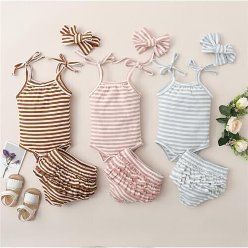 0-18M Summer Newborn Infant Baby Girls Clothes Striped Sleeveless Bandage Bodysuits Tops+Ruffles Tutu Shorts+Headband Outfits
