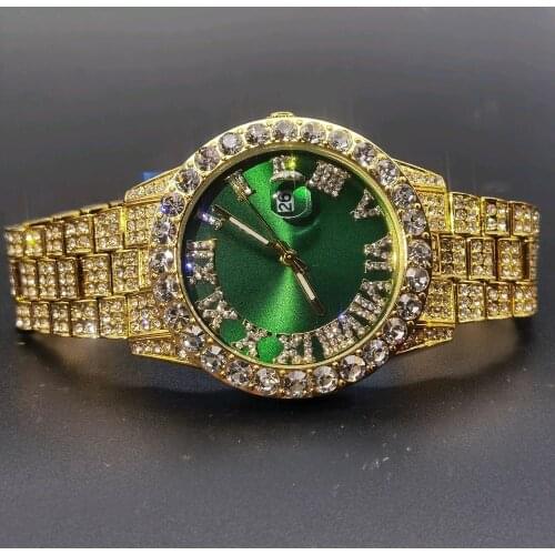 MISSFOX Green Dial Full Diamond Wristwatch Man Luxury Classic Style Mens Watches Young Outdoor Hiphop Quartz Male Watch Fashion