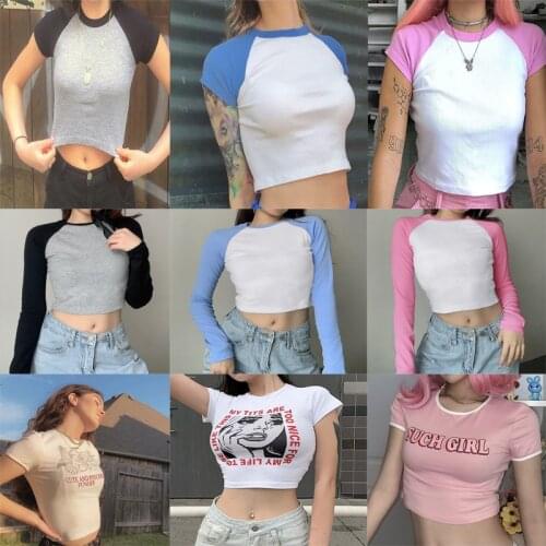 Wholesale Patchwork Cute Crop Tops Long Sleeve Woman Tshirts Casual Slim Basic Streetwear Top Tees Y2K Aesthetic Kawaii Clothes