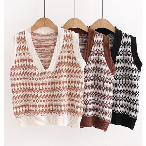 Autumn Winter V Neck Knitted Vest Sweater Women Vintage Loose Wild Korean Geometric Embroidery Sleeveless Female Casual Chic Top