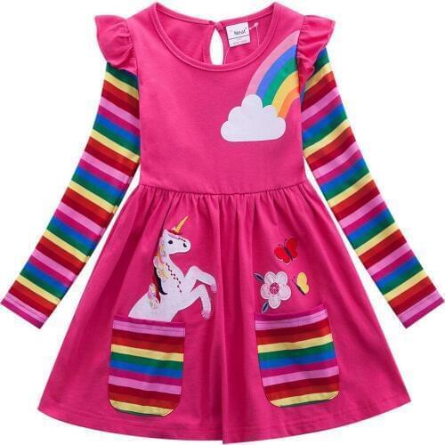 Girls Dresses Kids Long Sleeve Cotton Clothes Girl Birthday Party Dress Cosplay Costume Children Cartoon Rainbow Unicorn Dress