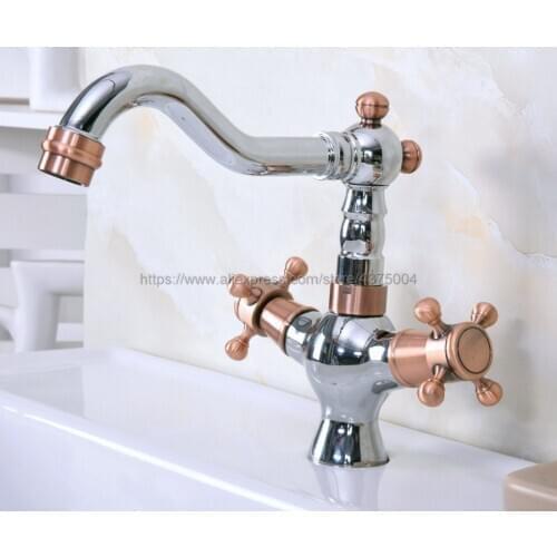 Polished Chrome And Red Copper Bathroom Sink Faucet Basin Mixer Tap Double Cross Head Handle Hot and Cold Water Mixer Tap Nnf904