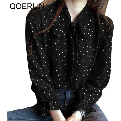QOERLIN 2021 Fashion Women Bow Tie Elegant Shirt Long Sleeve Black Tops Casual Office Shirts Oversized Blusas Feminina Plus Size