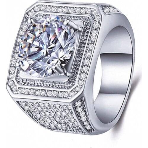 Luxury Full Bling Crystal Zircon Diamonds Rings for Men White Gold Silver Color Bague Fine Fashion Jewelry Party Accessory Gifts