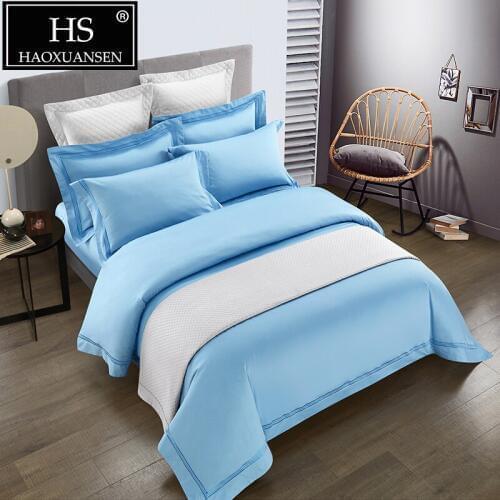 Luxury 500 Thread Count Sky Blue Embroidery 4 Pieces Bedding Sets Nordic Style Duvet Cover 100% Cotton Queen King Bed Sheet Set