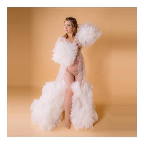 Sexy Sheer Tulle Maternity Gowns Puffy Sleeves Ruffles Tiered Long See Thru Bridal Pregnancy Gowns For Photo Shoot