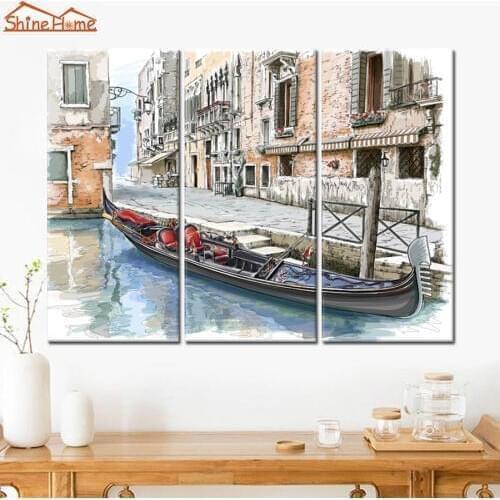 ShineHome-3 Pieces Printed on Canvas Modular Wall Painting Venice Water City Boat Prints Poster Wall Picture Decoration Artwork