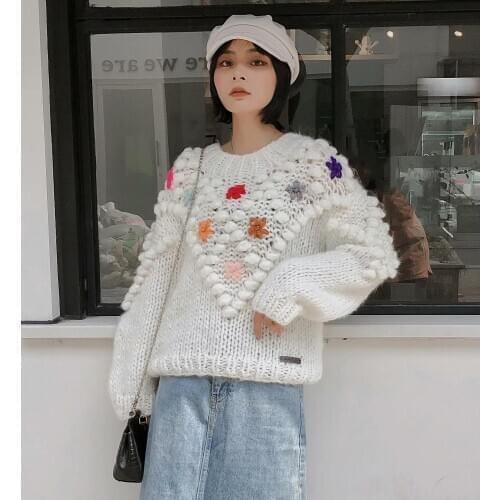 Super chic hand knitted winter sweater women white gray long sleeve o neck ball autumn mohair sweater handmade holiday vestidos