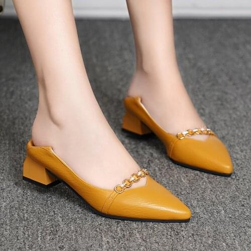 Spring Women Dress Shoes Chain Pumps Pointed Toe Slip on Shoes Chunky Heels Office Shoes Slipper zapatos mujer Black 7740G