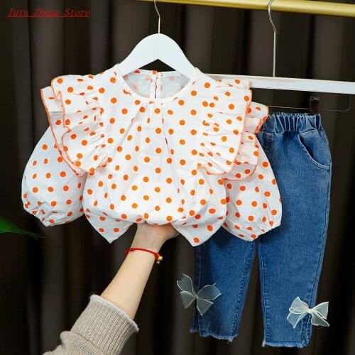 High Quality 2021 Clothes Infant Baby Girl Dot Pleated Lace Collar+Long Denim Bows Pants Children Outfit 0-5 Years Bebes Jogging