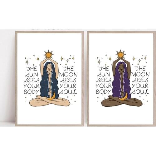 Nordic Style Feminine Posters and Prints Female Celestial Wall Art Sun Moon Body Soul Wall Pictures for Living Room Home Decor