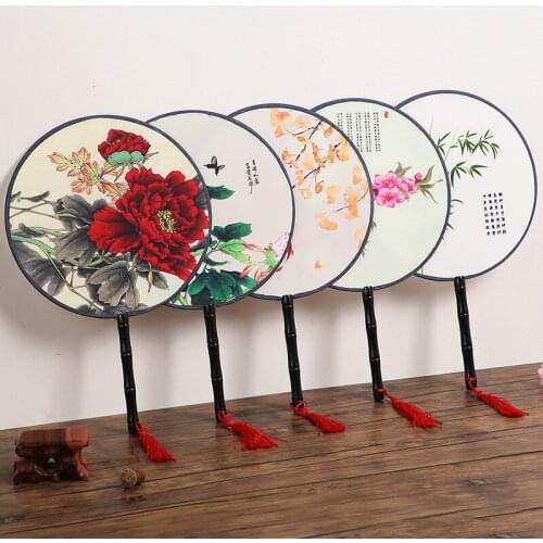 1Pc 13 Colors Portable Round Hand Fan Chinese Style Vintage Printing Silk Fan Wedding Party Dance Accessories