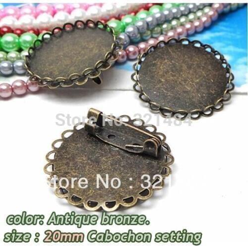 100pcs Antique brass bronze metal brooch safety pin with 20mm cabochon setting brooch blank base tray bezel findings acessories