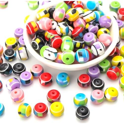 100pcs/Lot Resin Mix Color Round Geometric Pattern Colorful Beads For Jewelry Making Loose Spacer Beads Handmade Diy Bracelet