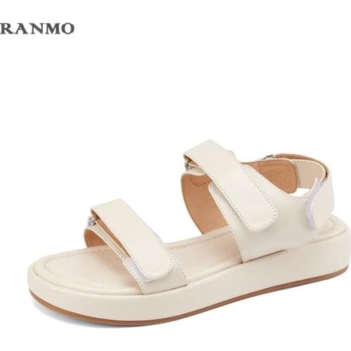 2021 New Thick-soled Velcro Sandals Casual All-match Sandals Flat Shoes Womens Shoes Comfortable Commuter Shoes Cowhide Shoes