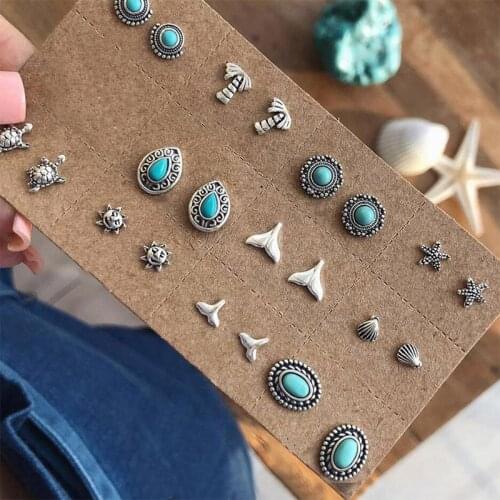 22 Pcs/Set Personality Turtle Starfish Shell Fishtail Sun Water Drop Gem Silver Color Earring Set Female Fashion Jewelry Gift