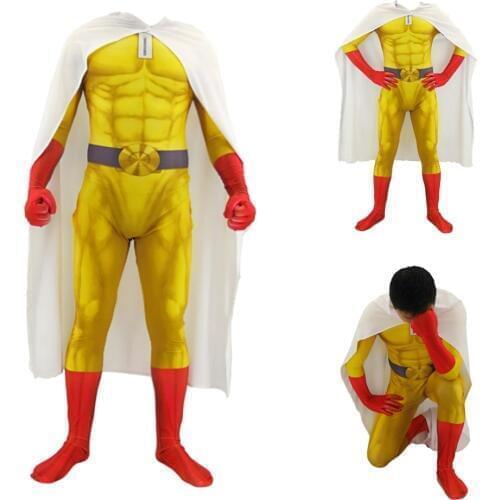 Anime ONE PUNCH MAN Costumes Superhero Saitama Cosplay Men Boys Halloween Jumpsuit Outfits with Cloak Cape Full Set Kids Adult