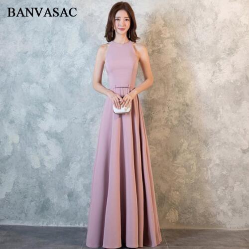 BANVASAC 2018 Elegant Halter Bow Sash A Line Satin Long Evening Dresses Party Off The Shoulder Zipper Back Prom Gowns