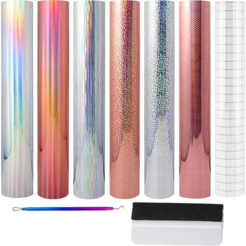 FOSHIO Glitter Vinyl Film Kit PVC Holographic Permanent Adhesive Backed Sheets Car Cup Decal Design Decoration DIY Craft Tools