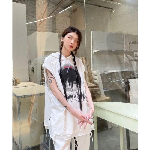 High street hip hop letter hooded mens and womens street loose hiphop cantilevered sleeveless T-shirt tees