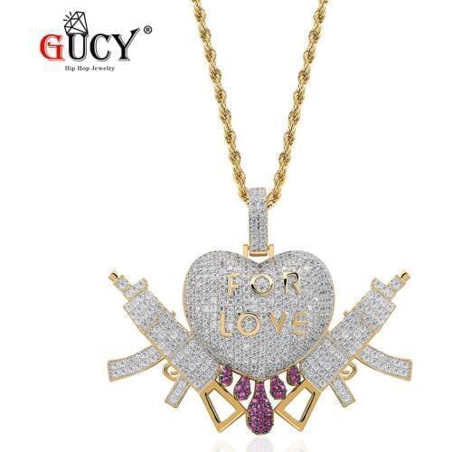 GUCY 3D Heart Drip With Gun Love Pendant Necklace Gold Silver Color With Cubic Zircon Tennis Chain Mens Hip Hop Jewelry Gifts