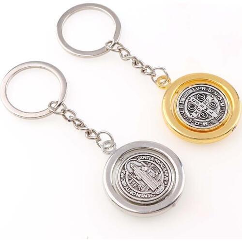 Round Rotatable Saint Benedict Medal Key Chains of St. Benedict Silver and Yellow Gold Color for Car Key Charms 35*40m