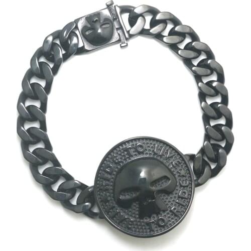 316L Stainless Steel Cool Motorcycle Ride to Live, Live to Ride Black Skull Bracelet