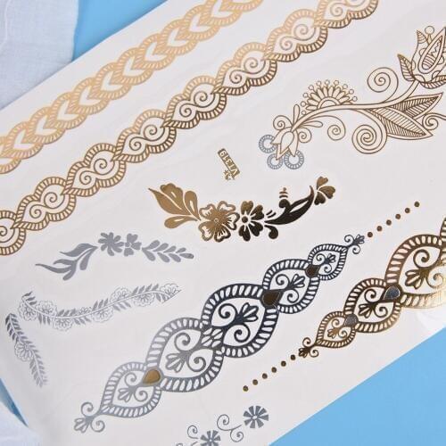 Metallic gold silver tattoos temporary tattoo gold tattoo sex products necklace bracelet tattoo metal women flash