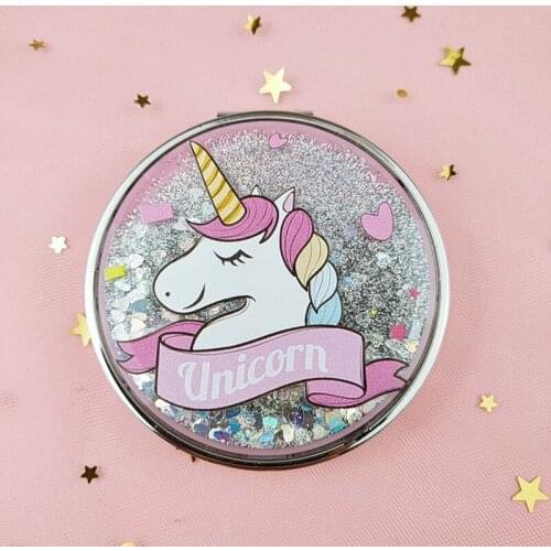 CSHOU127 Mini Unicorn Makeup Mirror Compact Pocket Mirror Portable Double-Sided Folding Cosmetic Mirror Gifts With flowing