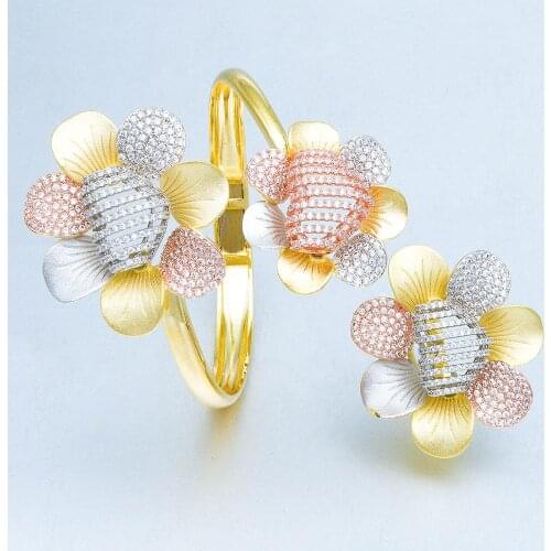 ModemAngel Luxury Flower Nigeria Bangle Ring Set Cubic Zircon Crystal CZ Jewelry Set For Women Wedding Dubai Bridal Jewelry