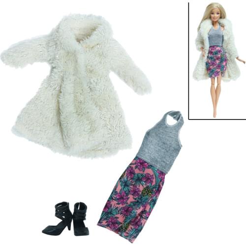 Fashion Doll Dress Flower Pattern Winter Set Wear Coat White Jacket High Heels Boot Shoes Clothes for Barbie Doll Accessories