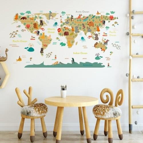 LUDA Cartoon Animals World Map Wall Stickers DIY Wallpaper for Kids Room Bedroom Nursery Wall Decor Wall Decals Home Decor