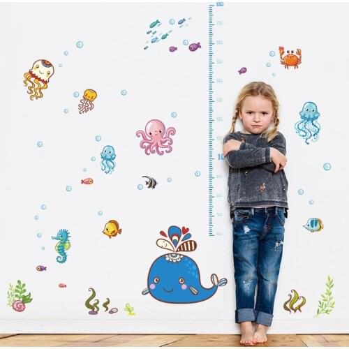 Ocean Animals Kids Height Wall Stickers Cartoon Sea Fish Dolphin Whale Home Decor for Children Room Art Wall Decals Removable