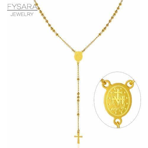 FYSARA Stainless Steel 3MM Ball Beaded Necklace Pendant Cross Religion Jewelry Christian Catholicism Virgin Mary Long Necklace
