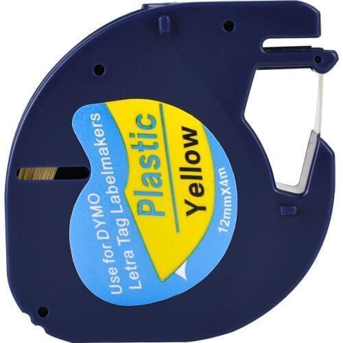 1 Compatible Dymo LetraTag 91202 Black on Yellow (12mm x 4m) Plastic Label Tapes for LT-100H, LT-100T, LT-110T, QX 50, XR, XM