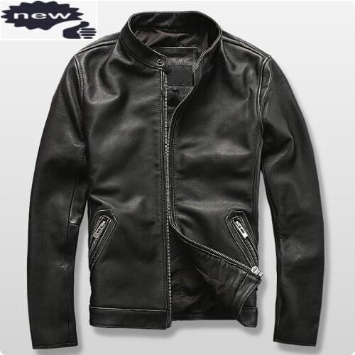 Casual Slim Fit Stand Collar Mens Genuine Leather Short Jacket Plus Size Fashion Motorcycle Male Coat Jaqueta De Couro Masculina