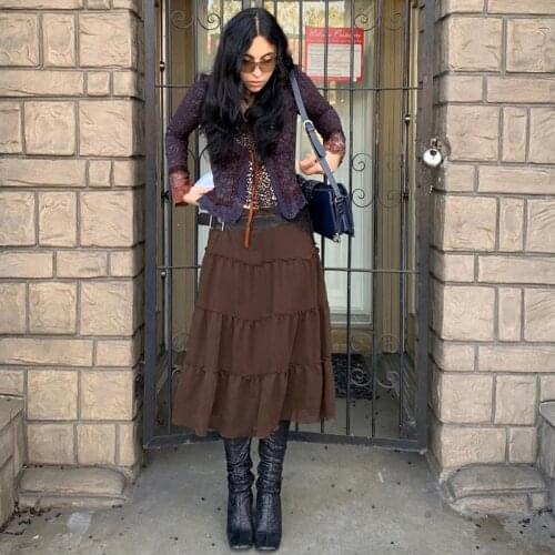 2021 Y2K Casual Vintage Brown Midi Skirt Women A Line High Waist Summer Fashion Elastic Loose Solid Pleated Skirt Female Simple