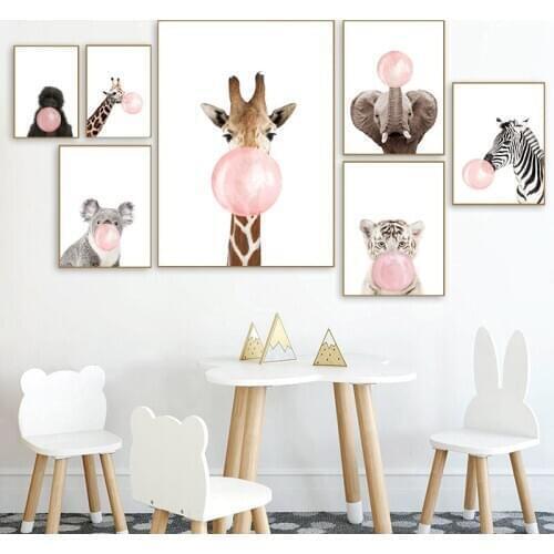 Pink Bubble Elephant Giraffe Child Poster Animal Wall Art Canvas Nursery Print Painting Nordic Kid Baby Room Decoration Picture