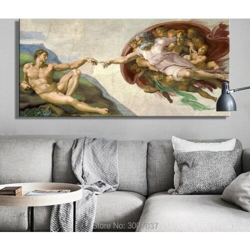 Sistine Chapel Ceiling Fresco of Michelangelo Creation of Adam Hand Painted Oil Painting on Canvas Wall Art for Living Room