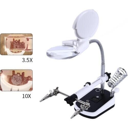 LED Light Helping Hands Magnifier Station3.5X 10X USB Lighted Hands Magnifying Glass Stand With Clamp And Alligator Clips Loupe