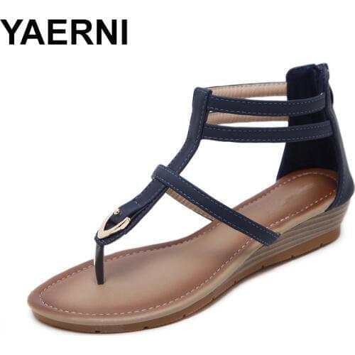 YAERNI 2018 Summer Women Wedge Gladiator sandals Shoes Women Ankle Strap Flip flop Low Heels Soft Bohemia Beach Sandals 35-42