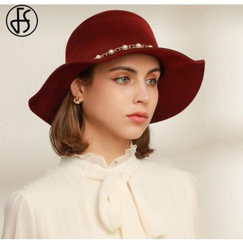 FS Burgundy Lady Wool Felt Dome Fedora Hats For Women Winter Autumn Church Cloche Derby Hat Fedoras Bowler Cap With Beaded Chain