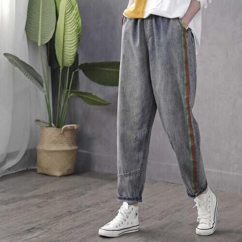 New Arrival Spring Arts Style Women Elastic Waist Casual Cotton Denim Harem Pants Side Stripe Loose Vintage Jeans Trousers M333