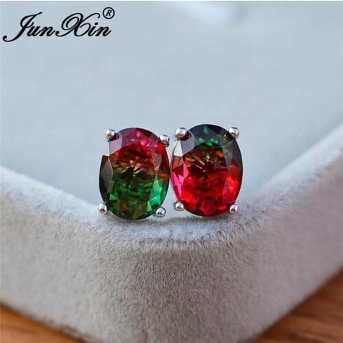 Female Gradient Red Green Rainbow Fire Crystal Earrings White Gold Colorful Zircon Oval Stud Earrings For Women Wedding Jewelry