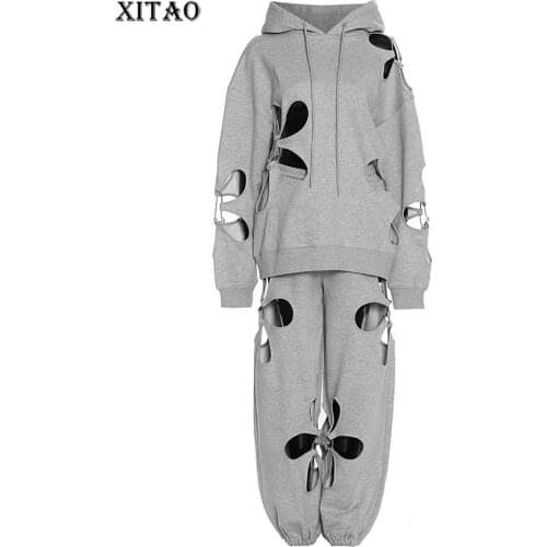 XITAO Patchwork Hollow Out Women Set 2021 Spring Casual Fashion New Style Temperament All Hooded Collar Women Clothes ZLL5365