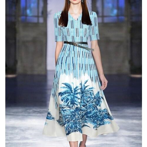 Vintage Stripe Print Women Dress Fashion V-Neck Short Sleeve A-Line Dresses D4120