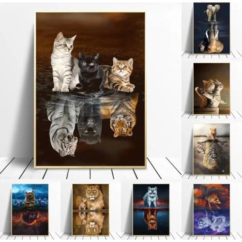 Animals Cat Elephant Reflection Pictures Canvas Poster Wall Art Print Nursery Painting Nordic Decoration Picture Kid Bedroom