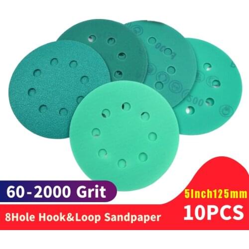 10pcs Professional Anti Clog 125mm Sandpaper 5" Polyester Film Sanding Disc Wet and Dry Hook and Loop Abrasive Tools with Grits