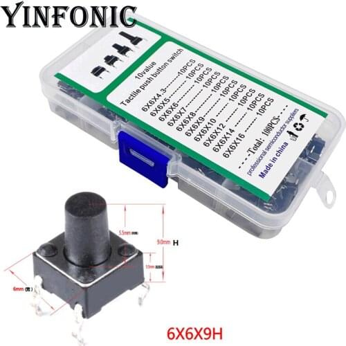 10Kinds x10pcs Micro Switch 6x6mm Panel PCB Tact Switch Push Button DIP 4pin 6x6x4.3~16mm 6*6*5/6/7/8/9/10/12/14mm Total 100pcs